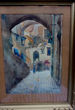 tableau ancien  rue de village animé aquarelle  19°signé Allervena