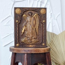 Art mural catholique moderne en bois Archange Michel 6 x 7" cadeau décor chré...