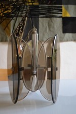 LUSTRE LAMPE PLAFONNIER ANNEES 70 METAL CHROME & VERRE FUME FONTANA ARTE POP