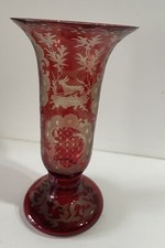magnifique ancien vase verre cristal de bohème décors cerf Foret Chasse 19 eme