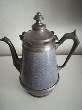 Ancienne Cafetière granite pommelé GRIS années 1800 étain anneaux cuivre au fond