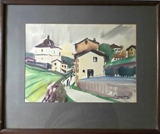 Charles d'Aguerregaray Village basque grande aquarelle (26x36) encadré rare