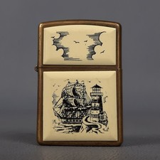 Briquet Zippo Laiton Nautique Bateau Phare Scrimshaw Collection Vintage