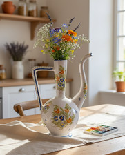 Aiguière Pichet Vintage en Faïence Émaillée – Décor Floral Peint à la Main