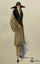 Femme Manteau DESSIN ORIGINAL Aquarelle ZEITOUN Mode ART DECO Haute Couture XX°