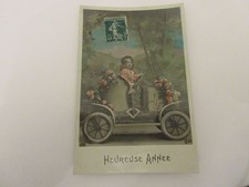 CP CARTE POSTALE NOUVEL AN HEUREUSE ANNEE PETITE FILLE dans une VOITURE FLEURIE