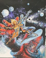 Silver Surfer, d'après Jean Frisano, gouache 40x50 cm