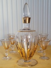 Ancien Service À Liqueur En Cristal Et Doré Carafe Verre À Pied Vintage