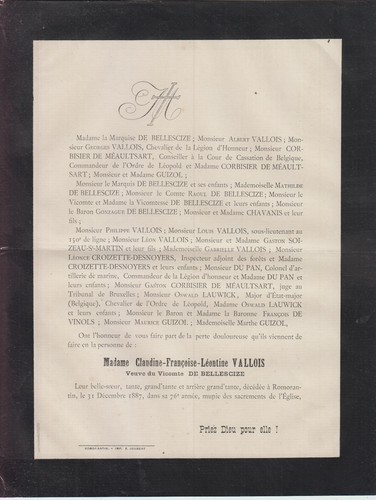 1887 faire part décès - 1887, mme