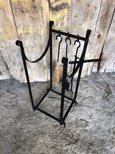 Porte Bûches Fer Forgé + 3 Ustensiles Pince Pelle Balai Vintage #A191