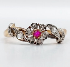 Bague marguerite antique or rose 18k rubis et diamants taille roses (circa 1890)