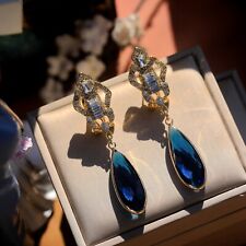 Boucles d'Oreilles Clip on Doré Baguette Blanc Goutte Verre Bleu Art Déco QD5