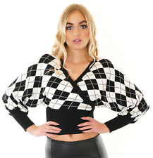 Pull Crop Top Noir-Blanc Sexy Maglione Court Manches Longues Pipistrello 68336.
