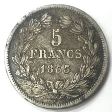 Pièce 5 Francs France 🇫🇷 1833 H (3 Sur 2) Louis Philippe Argent REF85454