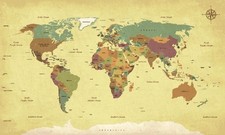 Carte du monde effet ancien avec noms de pays en Anglais (100 x 60 cm)