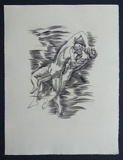 Albert DECARIS  Gravure originale au burin c1950 Mythologie Combat aquatique