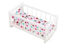 Berceau bois blanc poupée + matelas & linge motif grands cœurs