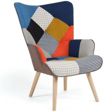Fauteuil scandinave IVAR en tissu patchwork multicouleurs et imprimé pied de pou