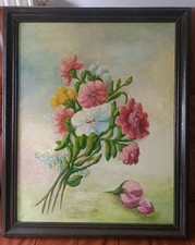 Antique Old Vintage Rare Oil Painting Flowers Landscape Origin Signed By SEQUIN