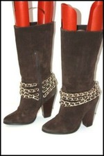 ASH Mi Bottes Daim Marron Foncé Doublées Cuir Lanières Metal Laiton T 36 TTBE