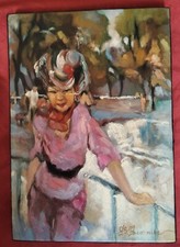 Belle huile du XX e  par Fournier Jean Baptiste coté Akoun " Élégante au chapeau