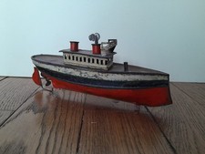 Ancien Paquebot Carette Jouet Mécanique En Tôle  Années 30