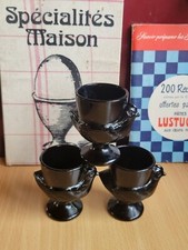 3 ANCIENS COQUETIERS EN VERRE NOIR POULE OEUF COQUE MOUILLETTE VINTAGE 