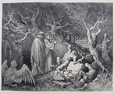 Gravure sur bois XIXe : GUSTAVE DORE - LA FORET DES SUICIDES - Dante Alighieri