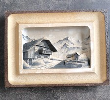 Tableau en Bois Sculpté Signé Raugel - Chalet Alpage Montagne 28X21 Cm