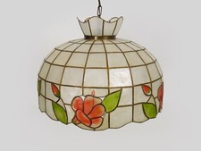 Très grande suspension, lustre en nacre et laiton, vintage, luminaire ancien. 70