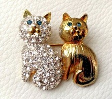 BROCHE 2 CHAT strass et doré