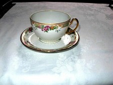 tasse à café Limoges porcelaine fleurs roses doré or fin signé R Cies Limoges