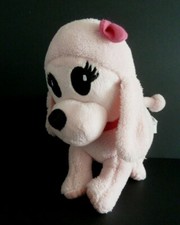 H7. DOUDOU PELUCHE BABOU CHIEN caniche rose yeux noir noeud collier ht20cm TTBE