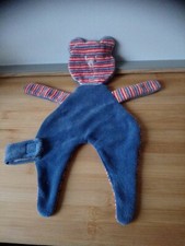 Doudou plat ours bleu rayures attache tétine Fait main modèle unique + cadeau