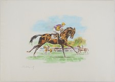 Ecole XXème - La course de chevaux - Gravure originale et pochoir signée