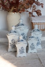 5 pots à épices vintage – Porcelaine de Delft - Décor fleuri bleu