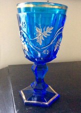 Verre Sur Pied Charles X Bleu - Dorure - French Antique Glass XIXe
