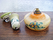 LUSTRE SUSPENSION ancien  OPALINE peinte paysage monte et baisse vintage