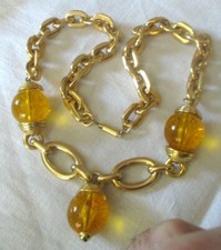 Grand original collier chaine couleur or grosses perles jaune bijou vintage 282