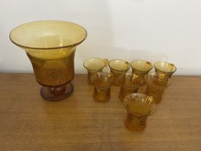 Ancien Service Punch Style BIOT Seau + 8 Tasses Verre Bullé Orange Vintage #C052