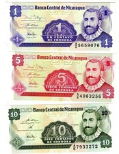 LOT SET SÉRIE 3 BILLETS NICARAGUA 1 & 5 & 10 Centavos 1991 NEUF UNC