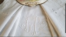 Antik’Etoffe,Drap Ancien Lin ,Broderie  Main ,Monogramme LP, Bordure Feston, DL1
