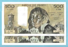 500 Francs PASCAL DU 6-2-1986 2 billets  ( discrets plis de comptage)