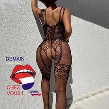 24h/48h Lingerie sexy nuisette Dentelle noir chaine porte jarretelle bas résille