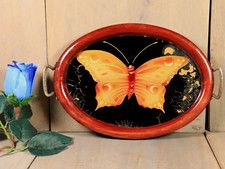 Ancien Plateau en Bois et Verre décor Papillon Peint Sous Verre Art Nouveau