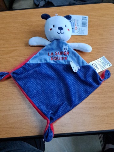 Doudou plat chien bleu - chien, blanc