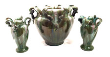 Cache Pot + Paire De Vase Terre Cuite Glaçure Vert Coulure Marron J Massier ?? 