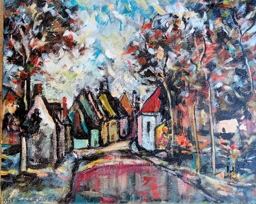 Huile sur toile - mon, village"