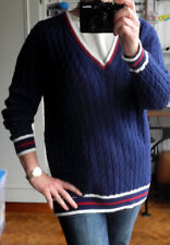 Pull  MONOPRIX t 3 42 ample ou 44 torsades bleu col V rouge blanc ( Cambridge)
