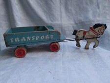 ANCIEN JOUET EN BOIS CHEVAL AVEC SA CHARETTE TRANSPORT